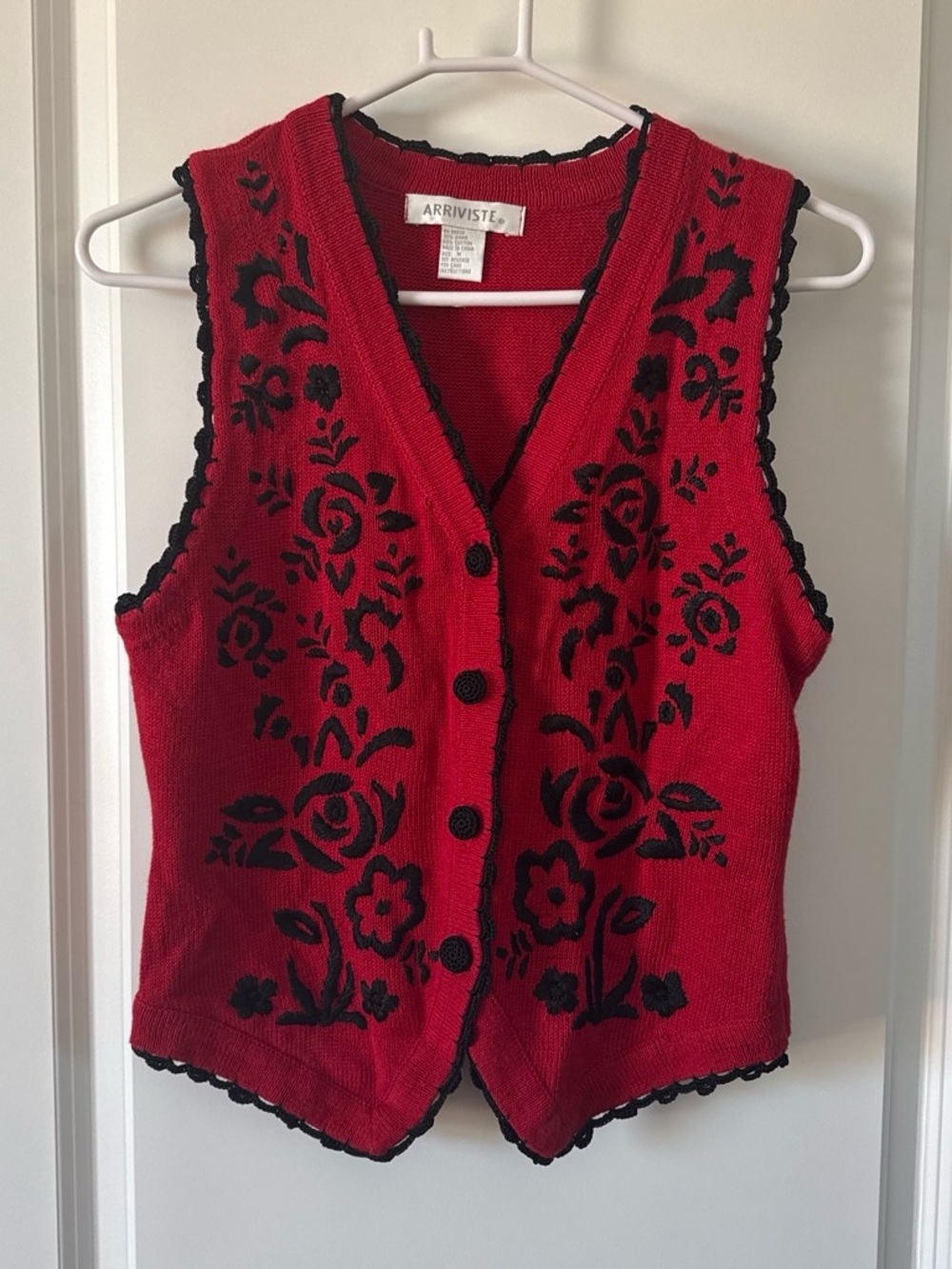 Arriviste Red Floral Knit Vest with Black Trim